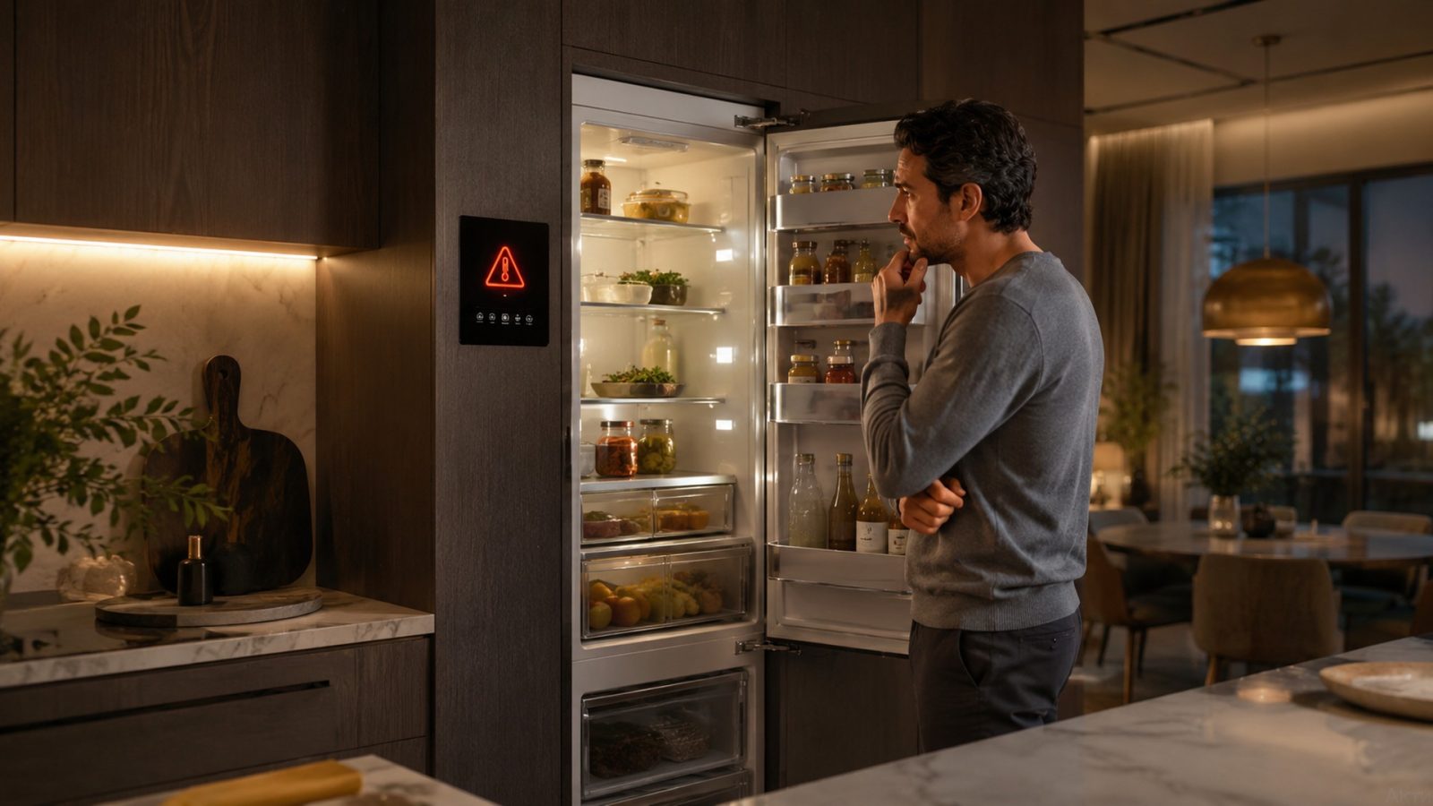 Technician checking a Liebherr refrigerator control panel during a temperature alarm