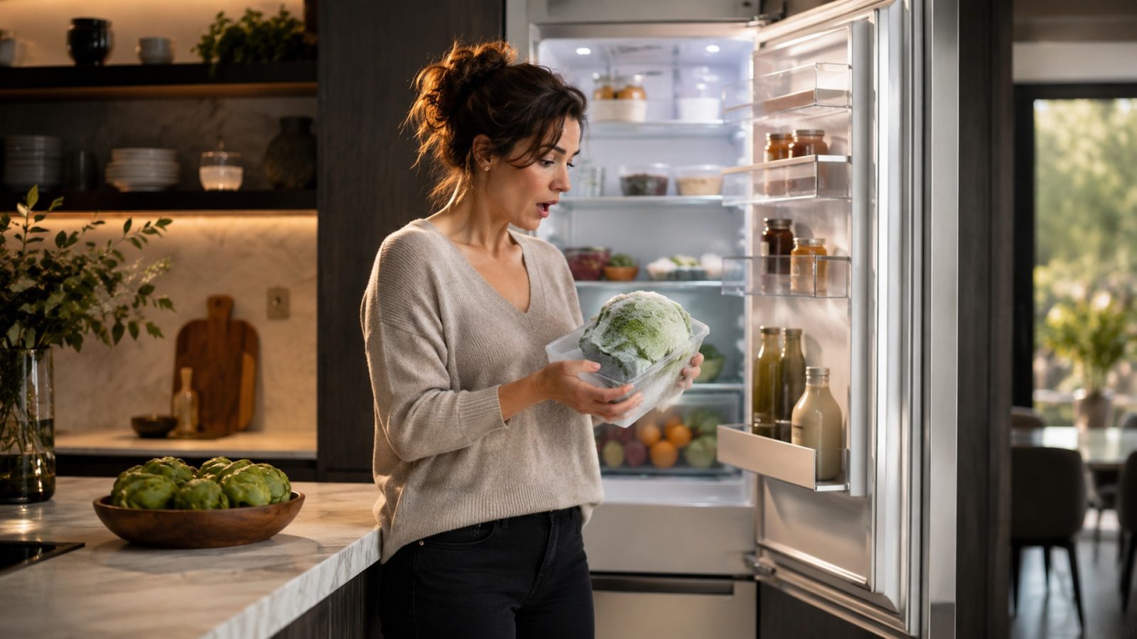 Homeowner checking frozen produce inside an open Liebherr refrigerator